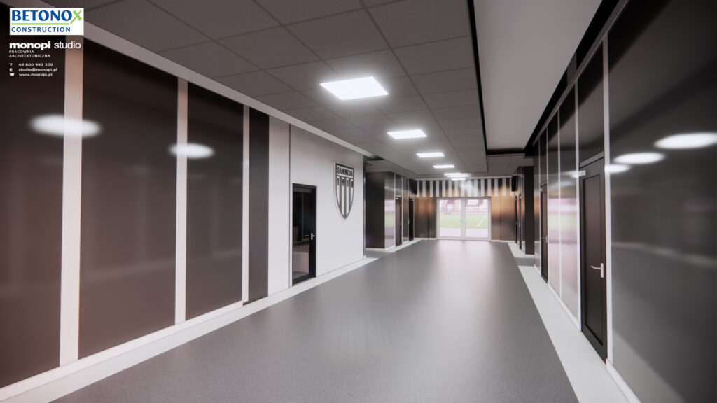 Wizualizacja wnętrz budynku A oraz zewnętrznej bryły Stadionu Miejskiego w Nowym Sączu (źródło: BETONOX Construction)